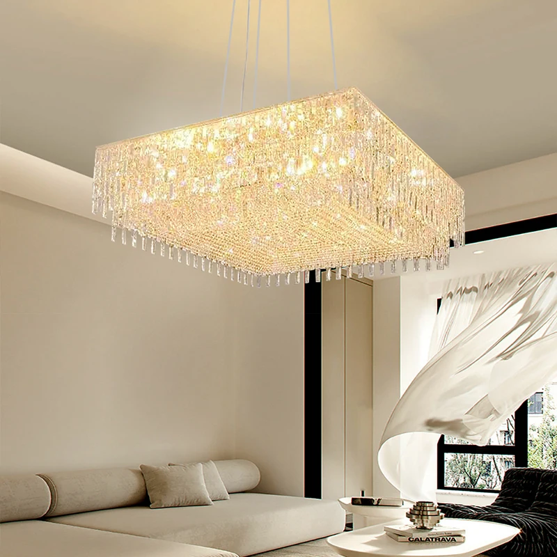 Big Square Crystal Chandeliers for Living Room Decor Golden Luxury Hanging Lamps for Ceiling Home Lighting Fixture LED Lustre