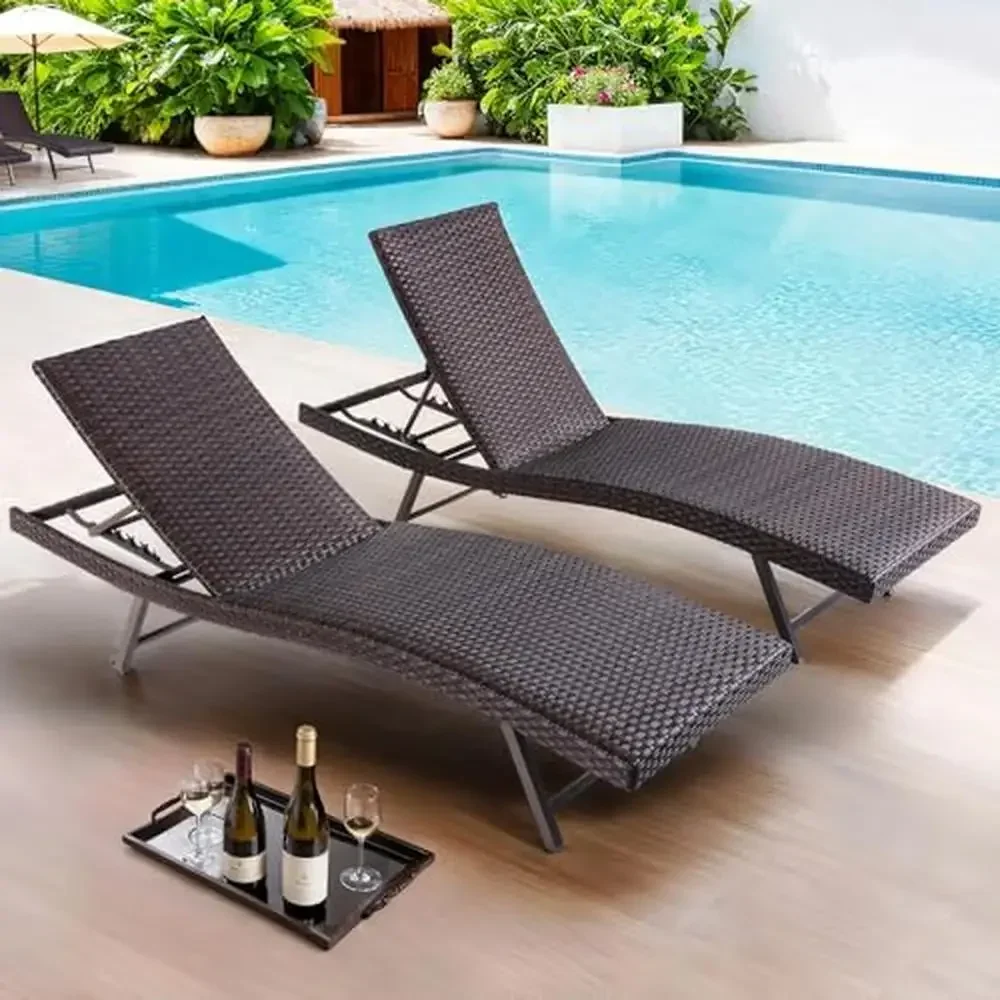 Outdoor Chaise Lounge Chair Set 2 PE Wicker Lounge Chairs Quick Drying Sponge Cushion Rattan Reclining Chair Movable Wheels