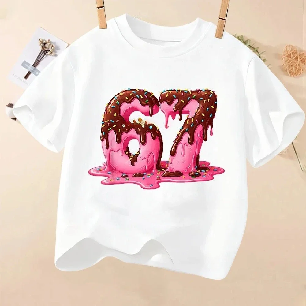 Dripping Chocolate Donut Style Number 67 Print Kids Short Sleeve T Shirt Soft Cotton Crew Neck Boys Girls Trendy Casual Summer T
