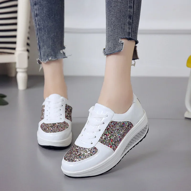 Woman Shoes Spring Luxury Casual Sneakers Breathable Lace Up Black Fashion Mirror Heel Board Shoes for Women Tenis Femenino