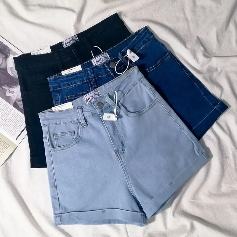 2025 Female Summer Internet Celebrity Versatile Rolled Edge Elastic High Waist Light Colored Tight Denim Shorts