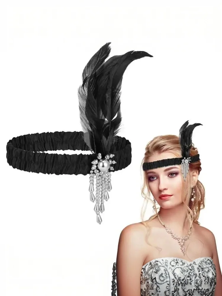 Women's Black Hair Accessories Beaded Hair Band 1920s Retro Gatsby Single Party Ladies Headwear Dress UP Feather Headband view 6