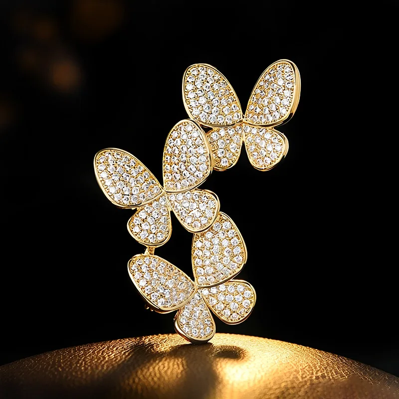 Chinese Style Lucky Fortune Full Rhinestone 3d Stacked Flying Butterfly Brooch Elegant Women Gold Silver Dress Accessory Gift