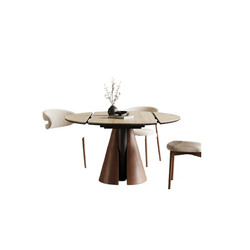 

Travertine rock slab solid wood retractable dining table, light luxury household simple and modern, folding dining table