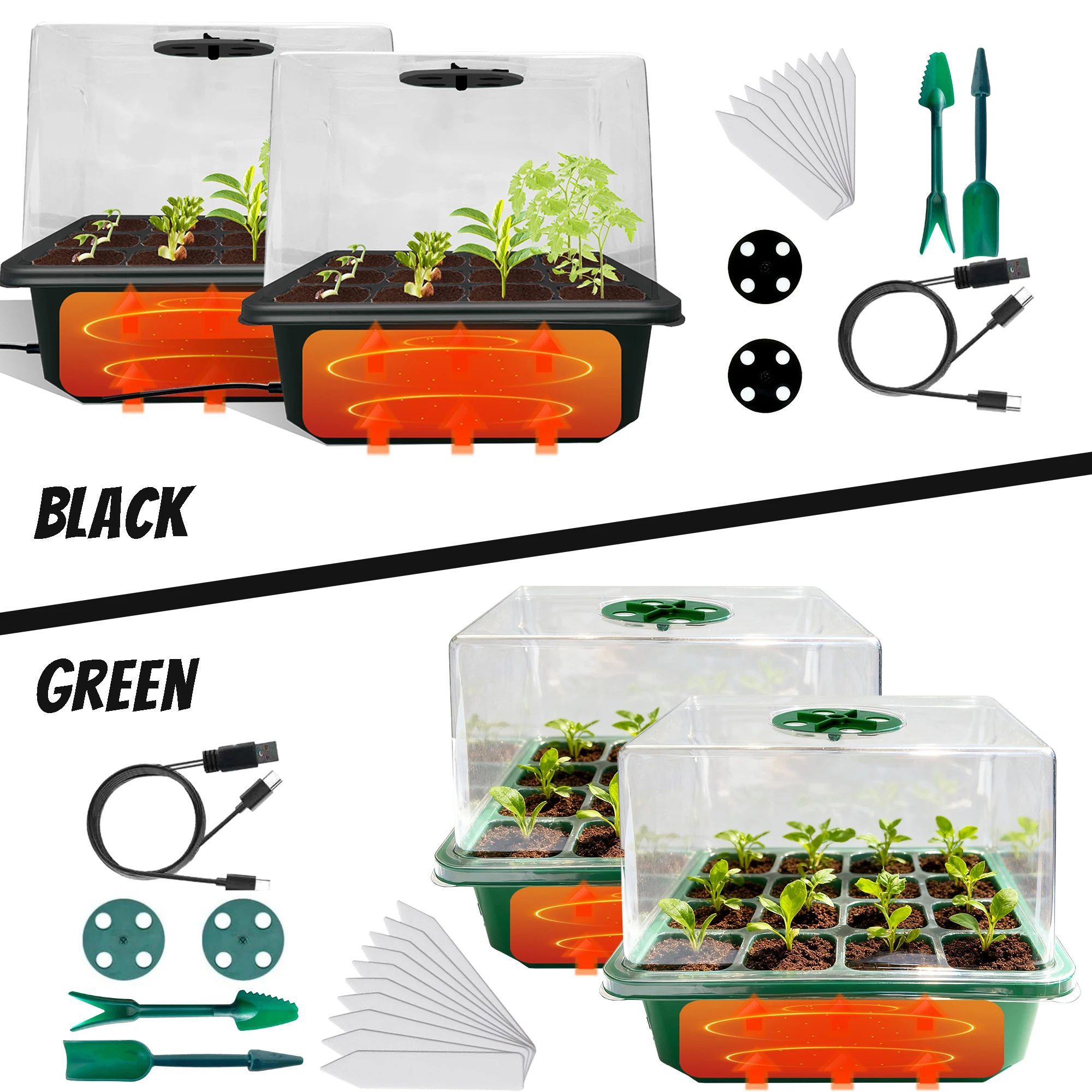 

2 Pack Heated Seedling Trays with Humidity Domes, 24 Cells Each, Bottom Heat Mat Starter Kit for Indoor Gardening