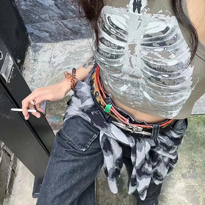 Chaleco sin mangas de canalé con estampado de esqueleto de rayos X para mujer, Top corto de diseñador, ropa Punk estética ciber Retro, Emo de verano, 2024