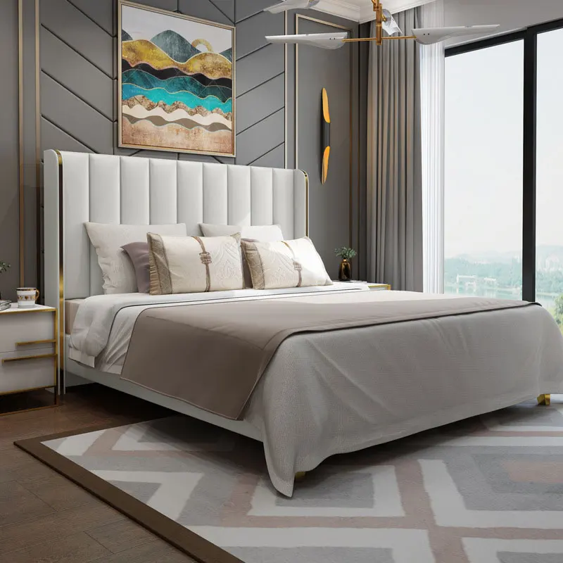

European Modern Light Luxury Stainless Steel Beds Queen Size Bed Luxury king Size Leather Bed