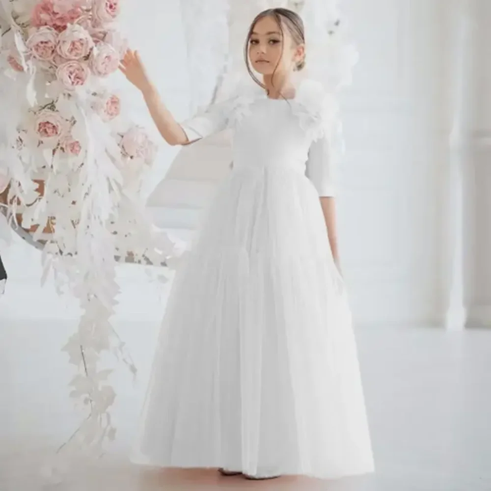 

Customized White Flower Girl Dresses Tulle With Bow Half Sleeve For Wedding Birthday Party Banquet Princess Gowns