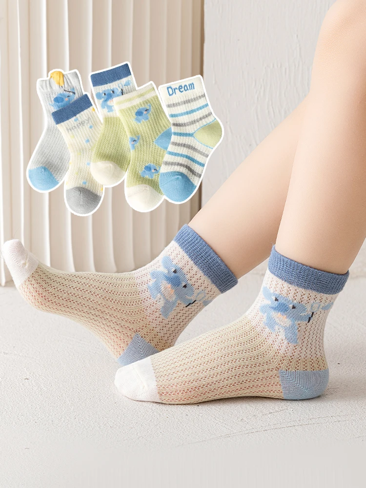 LJMOFA 5Pairs/lot 0-12Y Kids Socks Summer Spring New Cotton Mesh Breathable Thin Soft Toddler Baby Boys Socks Cartoon Socks C175