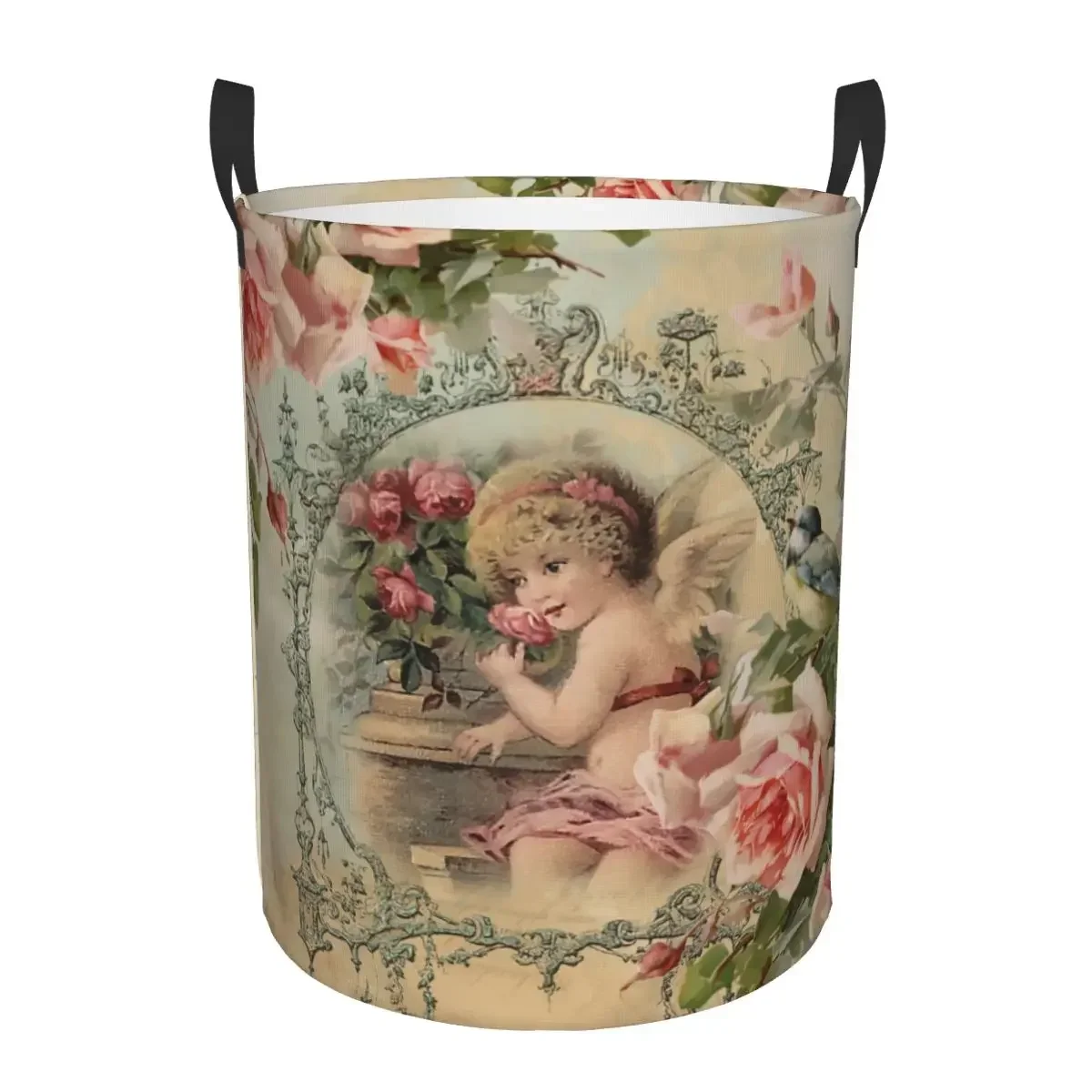 Custom Victorian Angel Vintage Rose Laundry Basket Collapsible Clothing Hamper Toys Organizer Storage Bins