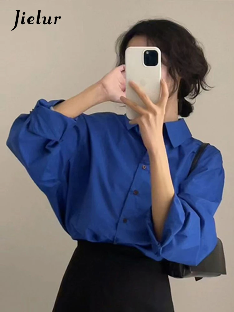 Jielur New French Style Blue Women Shirt Solid Color Batwing Sleeve Single Breasted Polo Neck Fashion Chic Elegant Female Shirts