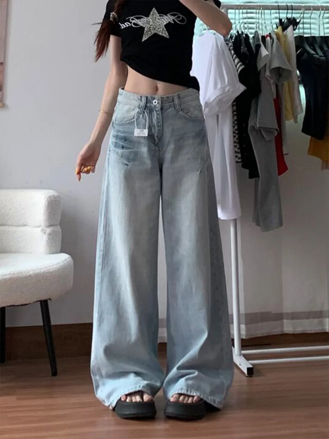 

Washed American Style Wide Leg Jeans Women Loose Fit Summer New High Street Slimming Floor Length Small Size Denim Pants