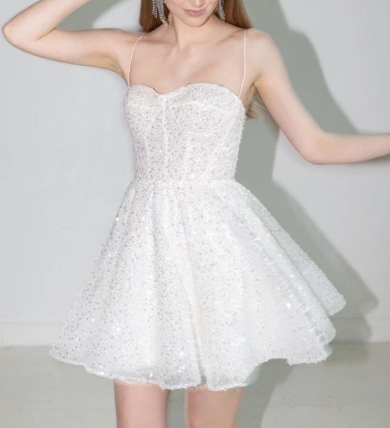

15265# Modern Summer Spaghetti Straps Sequins Mini Wedding Gown Birthday Party Dress For Plus Size Women Prom Evening Dresses