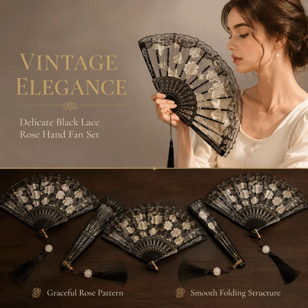 4pcs New Black Hand Fan Plastic Frame Folding Handheld Fan Tassel Lace Folding Fan Summer Outfit Stage Performance