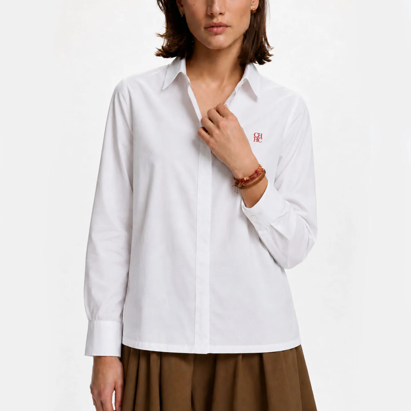 CH Damen Weißes Hemd mit Knöpfen, Langarm, Slim Fit, Bestickte Bürobluse, Elegantes Casual-Arbeitsoberteil – Detail 3