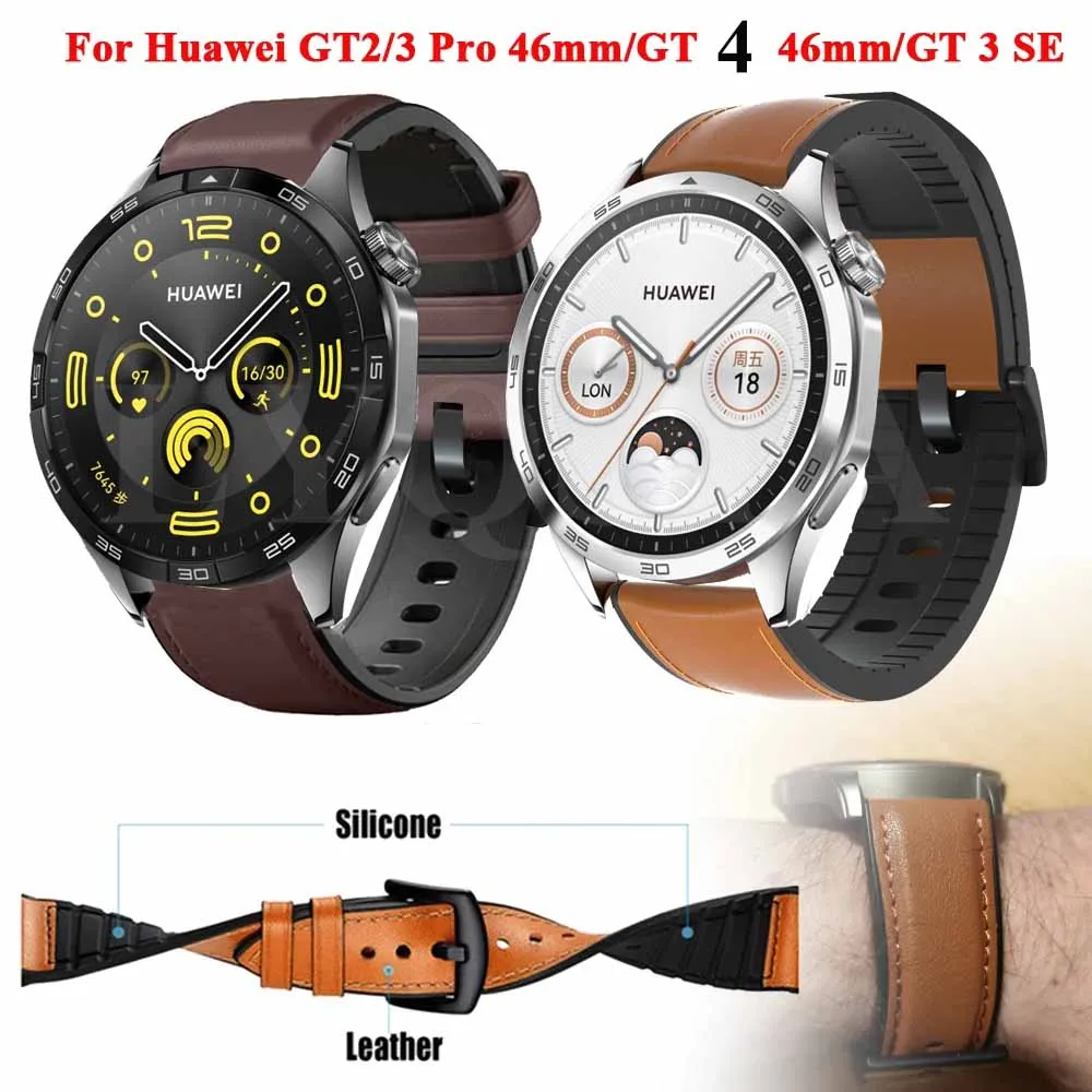สายนาฬิกาอัจฉริยะหนัง22มม. + สายซิลิโคนสำหรับนาฬิกา Huawei GT5 GT 4 46มม. สำหรับนาฬิกา Huawei GT5 GT3 Pro สายรัดข้อมือ46มม.