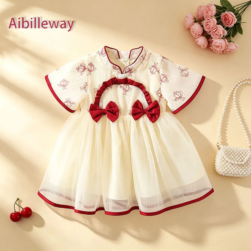 Toddler Baby Girls Chinese Style Qipao Tulle Dress Children Short Sleeve Floral Cheongsam With Double Bows Vintage Mesh Dresses