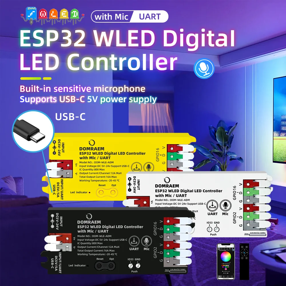 DOMRAEM ESP32 WLED USB-C Addressable LED Controller with Music Mic/UART Supports WS2814/12B RGB IC Strips etc.16A Fuse HA Alexa