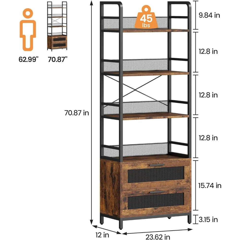 4-tier Open Storage Rustic Bookshelf With Drawers 70.87-inch High Display Shelf Book Cabinet Bookcase for Room Wood Shelving