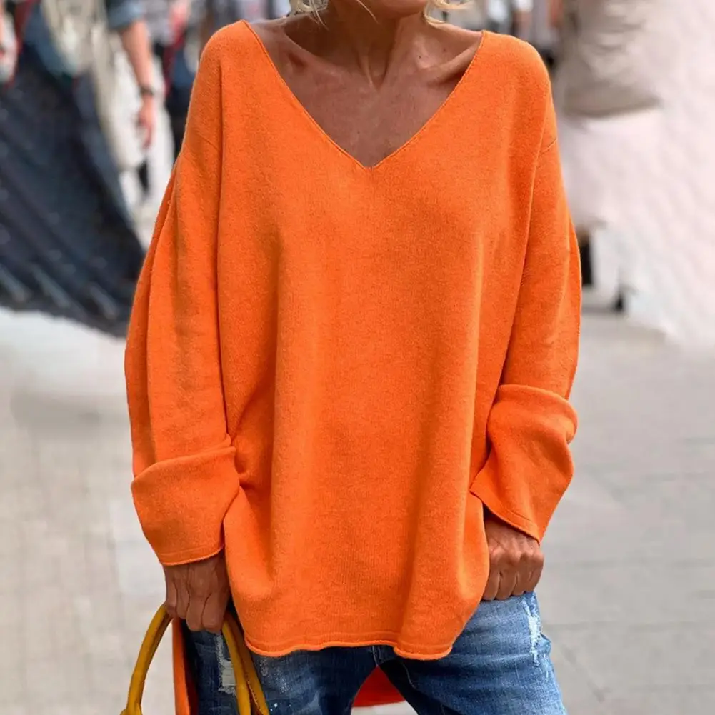 Women Knitting Sweater V-Neck Long Sleeve Solid Color Pullover Sweater Side Slit Hem Loose Fit Casual Sweater