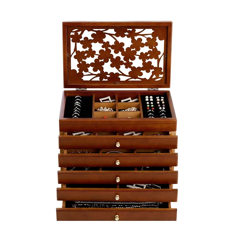 

Cute Pillow Chinese Vintage Solid Wood Walnut Color Jewelry Storage Box Multi Layer High Capacity Princess Rings Earrings Shelf