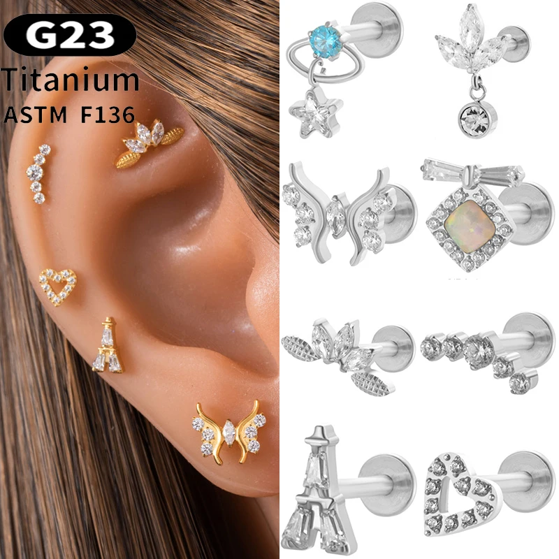 

1PC G23 Solid Titanium Ear Stud Internal Thread Flat Back Lip Stud Tragus Cartilage Earring Helix Lobe Labret Piercing Jewelry