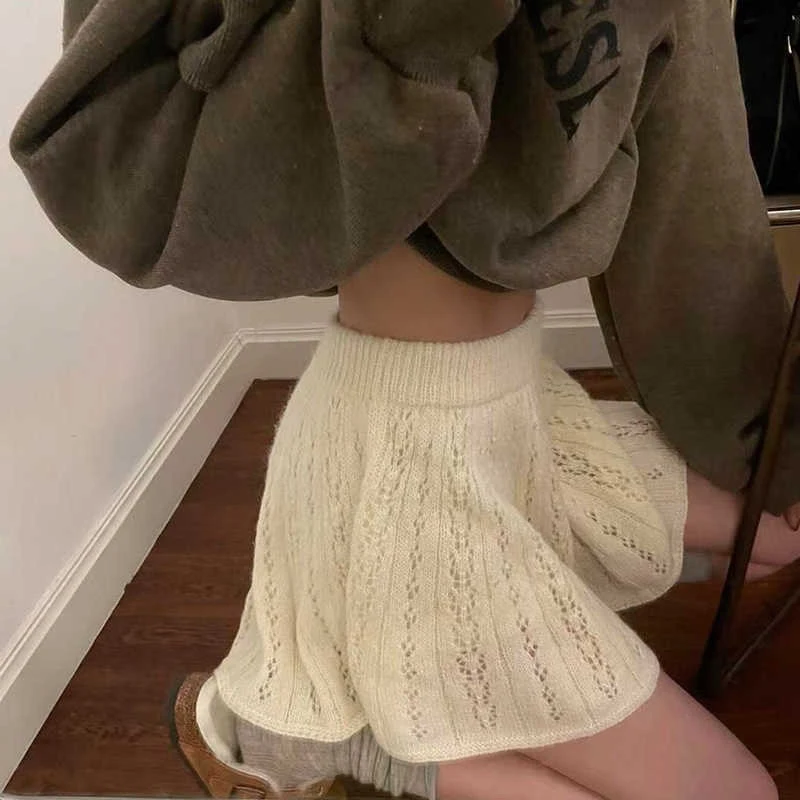 

MEXZT Streetwear Knitted Mini Skirt Women Fashion Hollow Out Ball Gown Skirts Autumn Winter Gyaru Harajuku Korean Loose Faldas