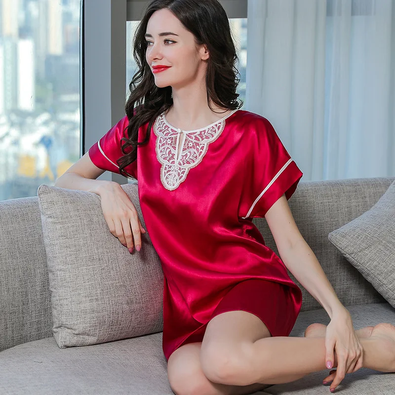 Sexy Silk Casual Pajamas Summer Lace Elegant Camisole Lingerie Short Sleeves 100% Mulberry Silk Nightdress Women's Sleep Wear