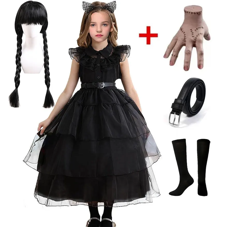 Gothic Style Costume Prom Dress for Girls 2024 Wednedsday Black Party Ball Gown Children Halloween Cosplay Addams Family Vestido