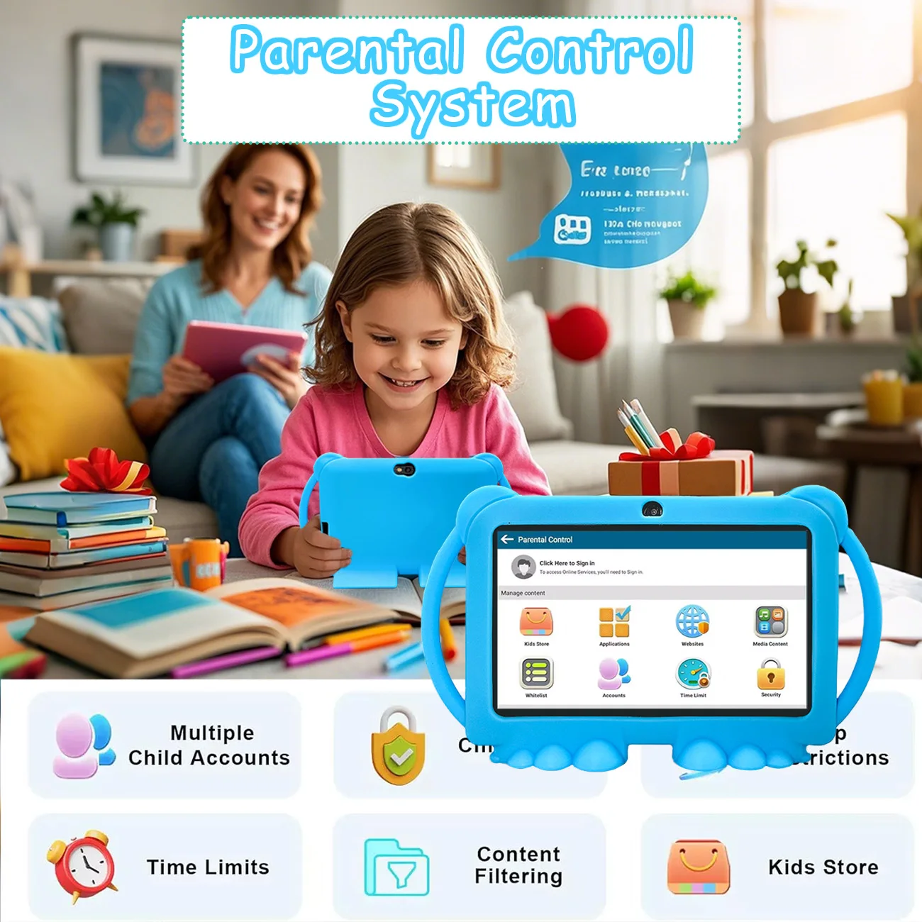 Tablet per bambini Android da 7 pollici, WiFi, batteria da 3000 MAH, doppia fotocamera, regali per bambini per Natale e compleanno