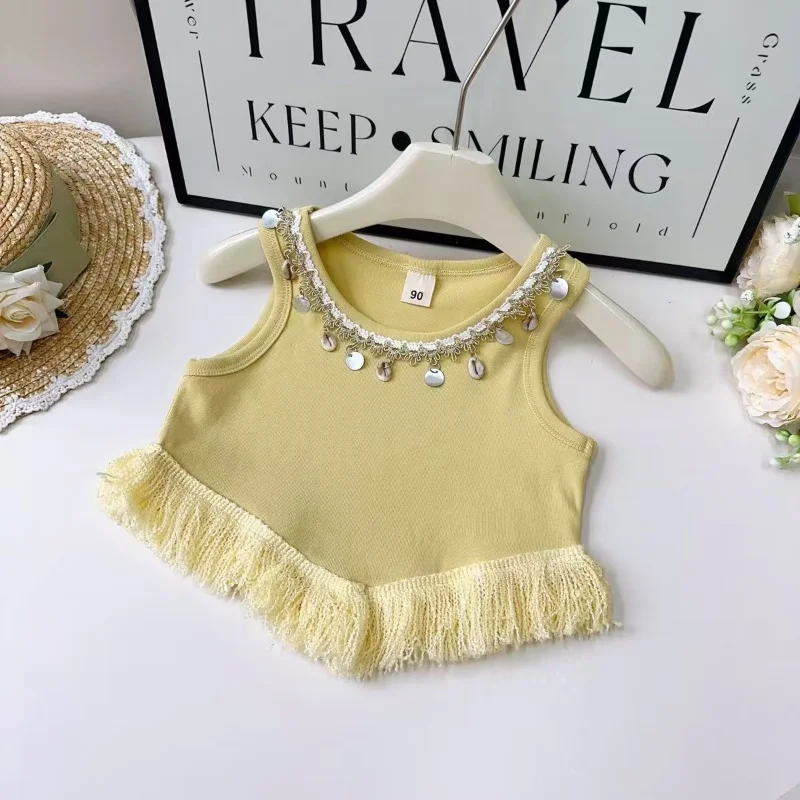 子供服セット タッセルベストトップス + イレギュラーチェック柄スカート 2点セット 幼児 女の子服 ベビー服セット 90-140CM