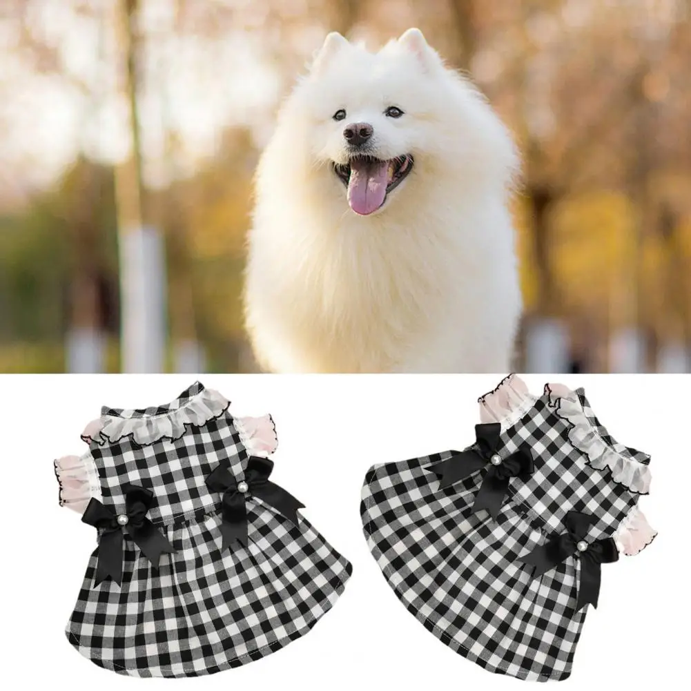 Dog Dress Round Neck Lace Patchwork Fake Pearls Decor Plaid Print Pet Dog Cat Princess Dress Retro Elegant Dog Clothes Cat Skirt