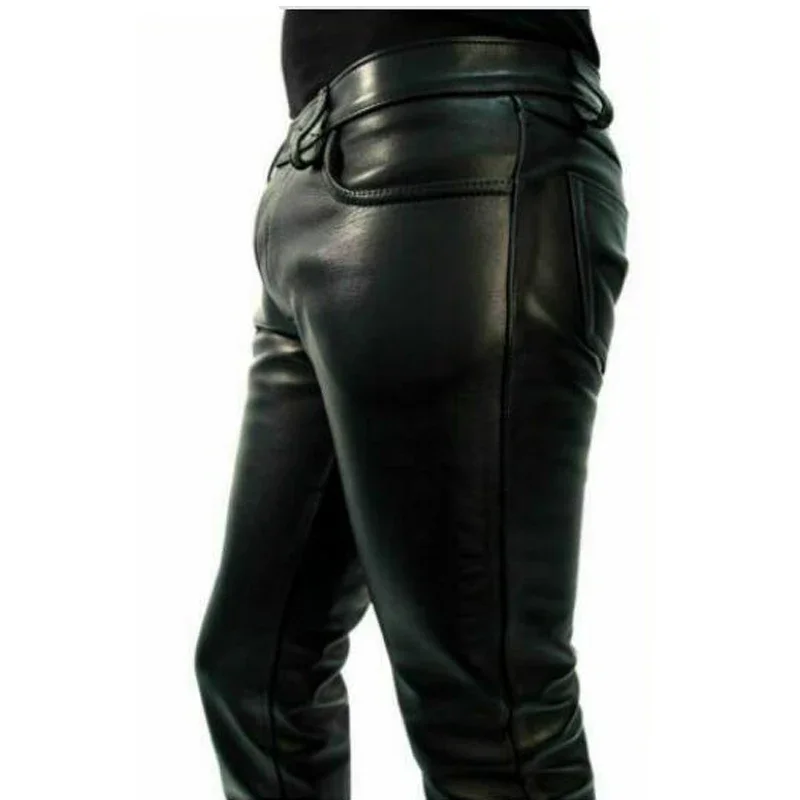 

Mens Skinny Biker Leather Pants Fashion Faux Leather Motorcycle Trousers For Male Stage Club Wear