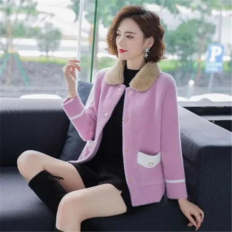 

Fashion Women Imitate Mink Velvet Knitted Sweater Coat 2024 Spring Autumn Winter Winter Jacket Woolen Collar Cardigan Top Female