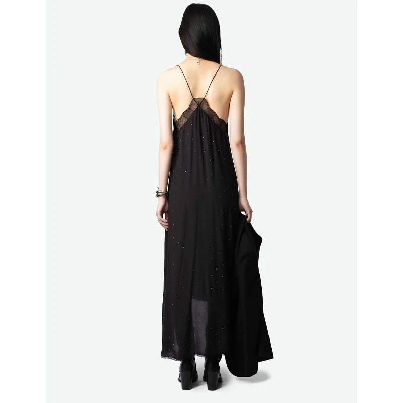 Zadig Solid Black Dress Women Casual Long Halter Dresses Ladies Elegant Slip Backless Robes Chic Lace Diamonds Jupes Female