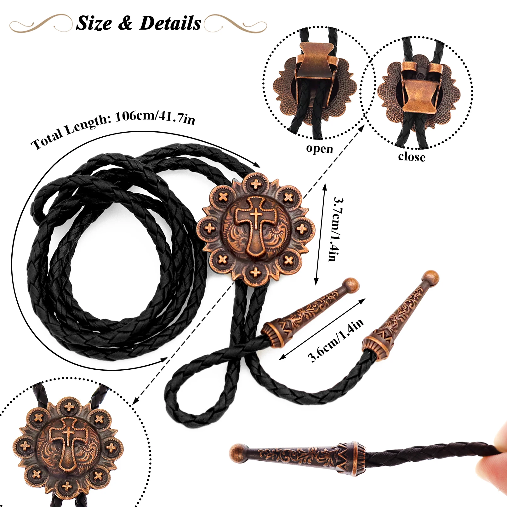 RechicGu Vintage Cross Star Bolo Tie Men Western Cowboy Handmade Leather Necktie Adjustable Rodeo Necklace Fashion Accessories