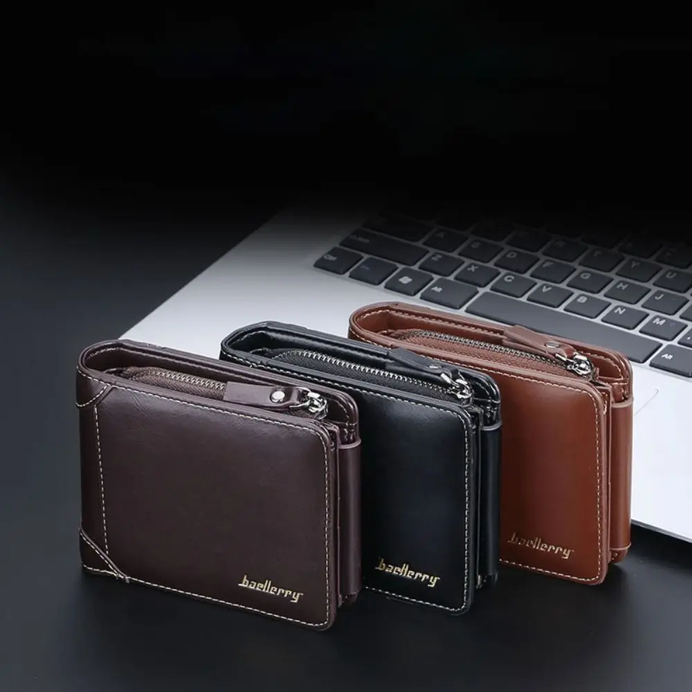 

PU Leather Men's Wallet Vintage Large Capacity Solid Color Clutch Bag Zipper Coin Purses Male