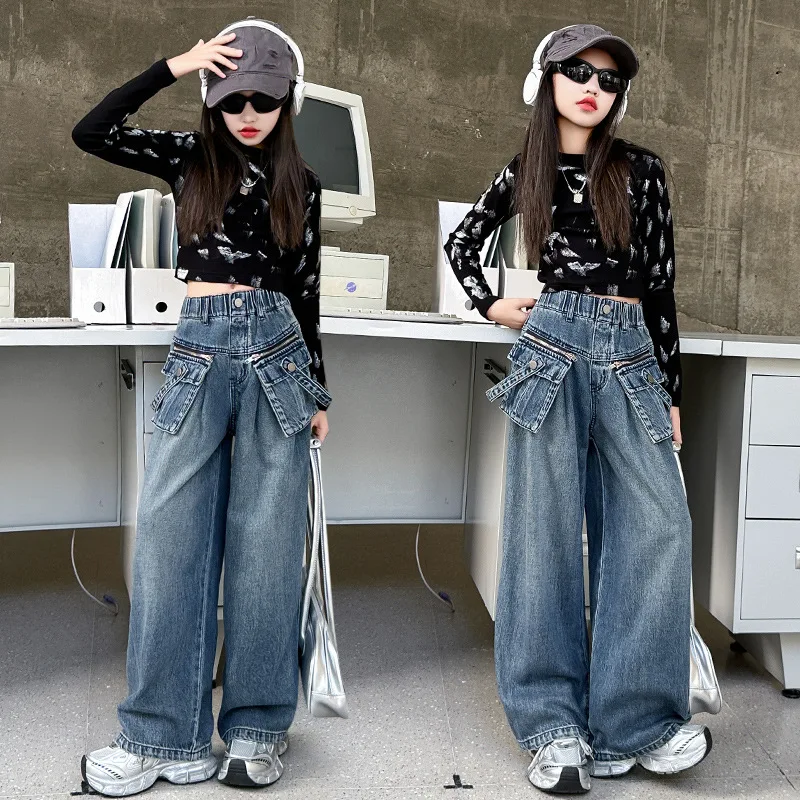 

Girls Spring Autumn Denim Jeans Retro with Zip Pocket Teenage Children's Pants Vintage Style Casual Trousers for Kids