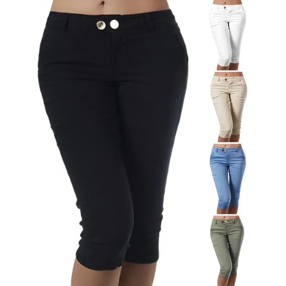 Calças femininas cor sólida meados de cintura magro calças de verão fino-encaixe calças elásticas streetwear