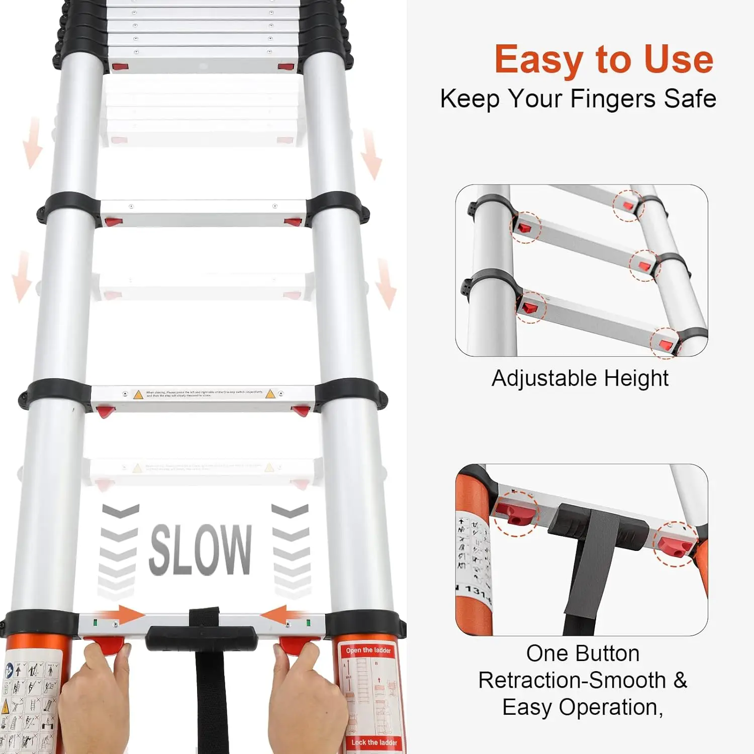 Telescoping Ladder Multi-Use Telescopic Extension Ladder One-Button Retraction Anti-Pinch and Anti-Slip 330 Lb