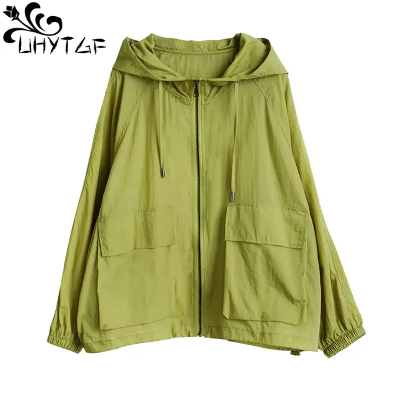 

UHYTGF 4XL Large Size Sun Protection Coat Womens Hooded Outdoor Breathable Summer Jacket Female Cardigan Thin Tops Outerwear 377