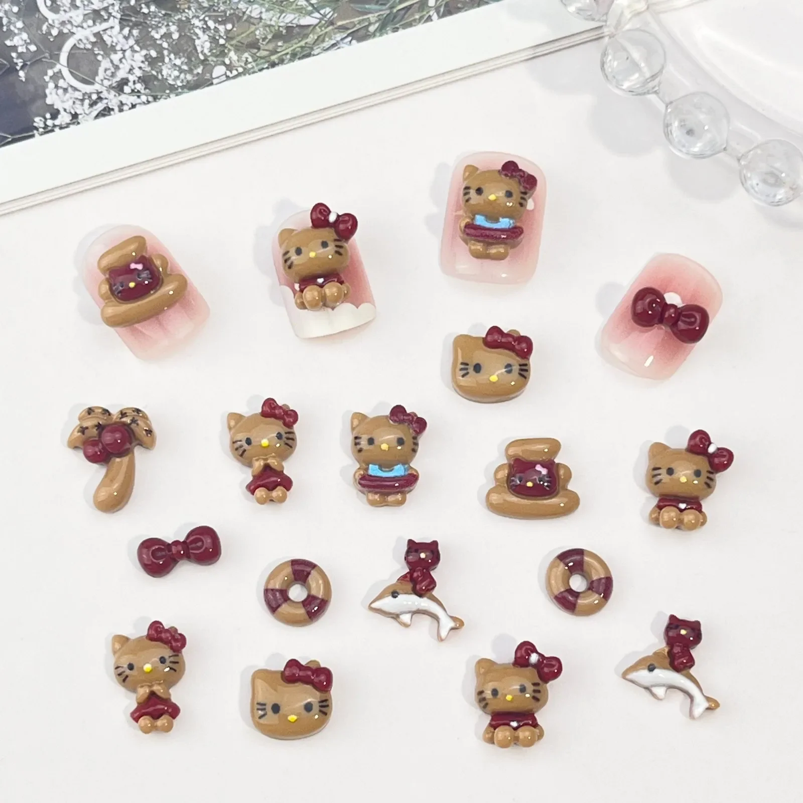 20Pcs Cartoon Nail Jewelry with Red Swim Ring KT Cat Red Katie Cat Nail Accessory Set