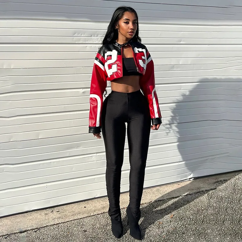 Crop Top Damska Kurtka Skórzana Moto Biker Styl Numer Nadruk Kurtka Damska Moda Odzież wierzchnia Damska Moto Biker Kurtka Zipper