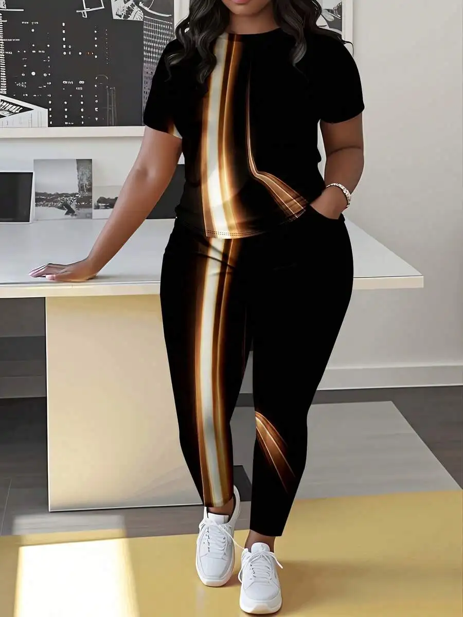 

2 Piece Plus Size Women Short Sleeve Set With 3D Full Width Print Round Neck T Shirt And Casual Pants