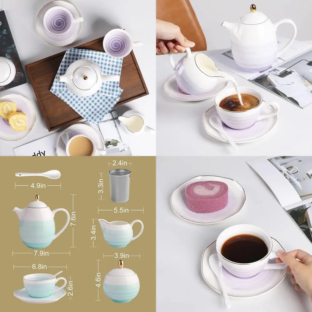 

Purple Porcelain Tea Set for 4, 8oz Cups, Teapot, Sugar Bowl, Creamer, Teaspoons, and Strainer for Elegant Afternoon Tea or Coff