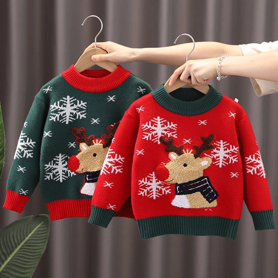 Children Pullover Sweater Knitwear Long Sleeved Casual Tops Kids Christmas Reindeer Autumn Winter Clothes for Baby Girls Boys