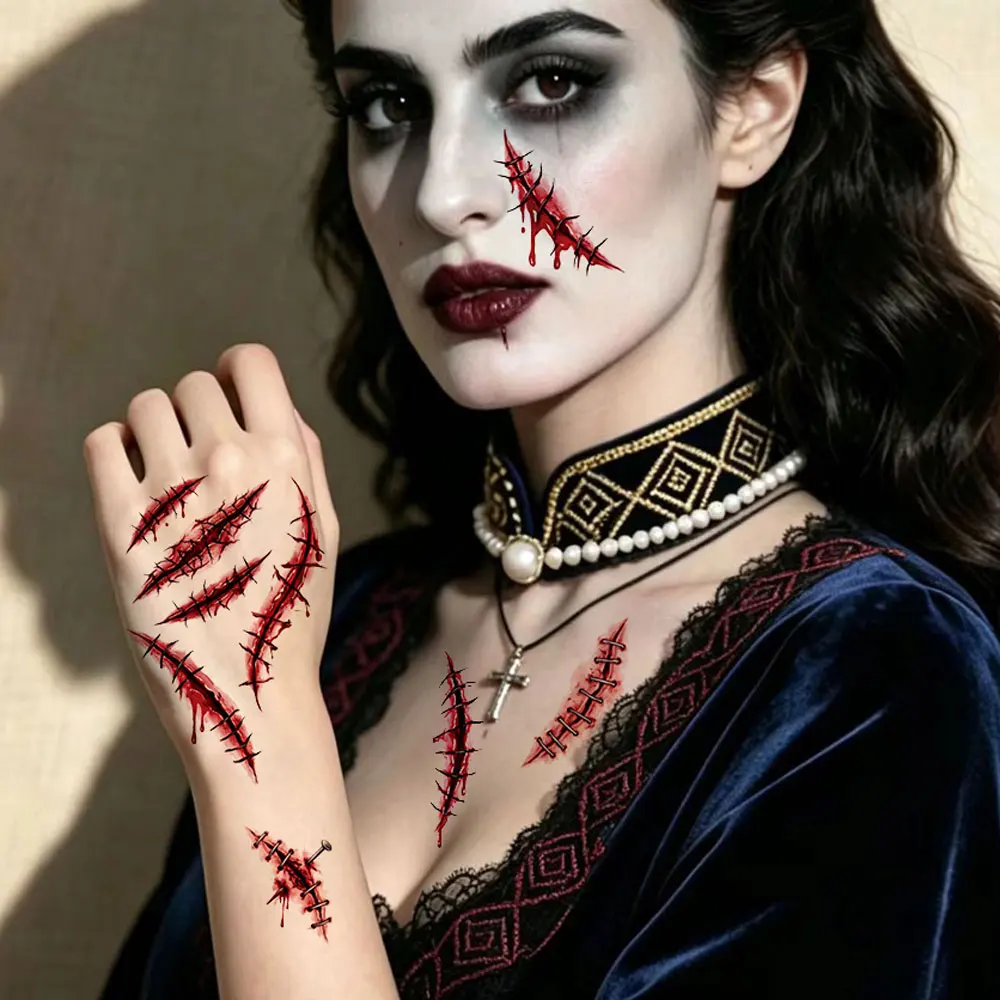 10Sheet Waterproof Halloween Fake Wound Tattoo Stickers Realistic Scar Stitch Temporary Tattoos for Festival Party Body Art