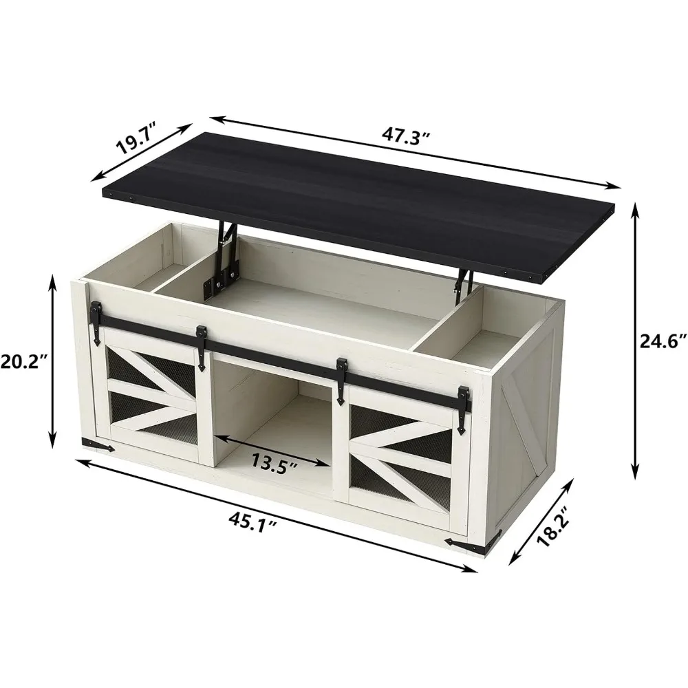 Lift Top Coffee Table com porta de celeiro deslizante, moderno e antigo, mesa central retangular, grande armazenamento, 47.3ft