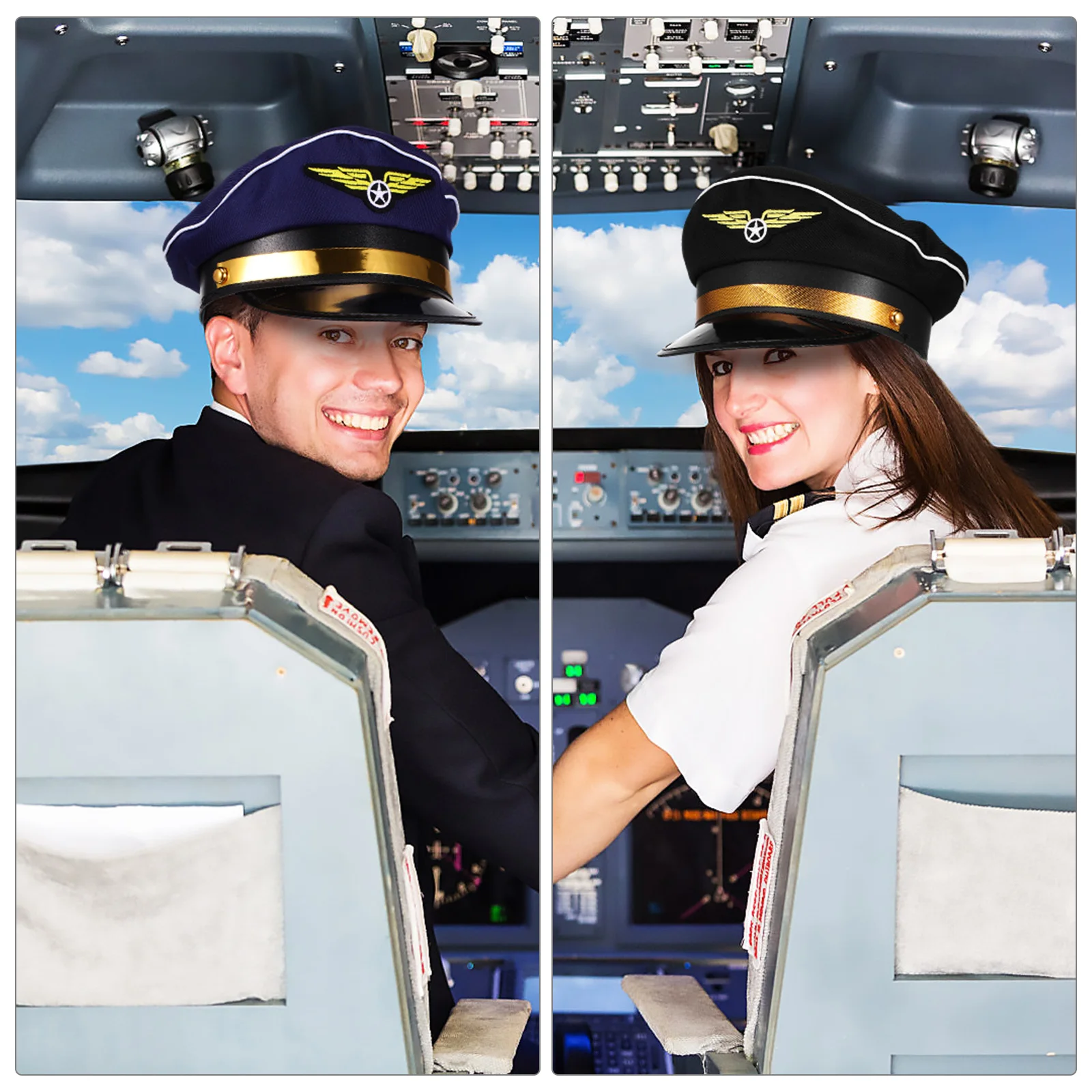 

2pcs Pilot Hats Flight Attendant Aerospace Blue Black Cap Costume Stage Performance Reusable Polyester