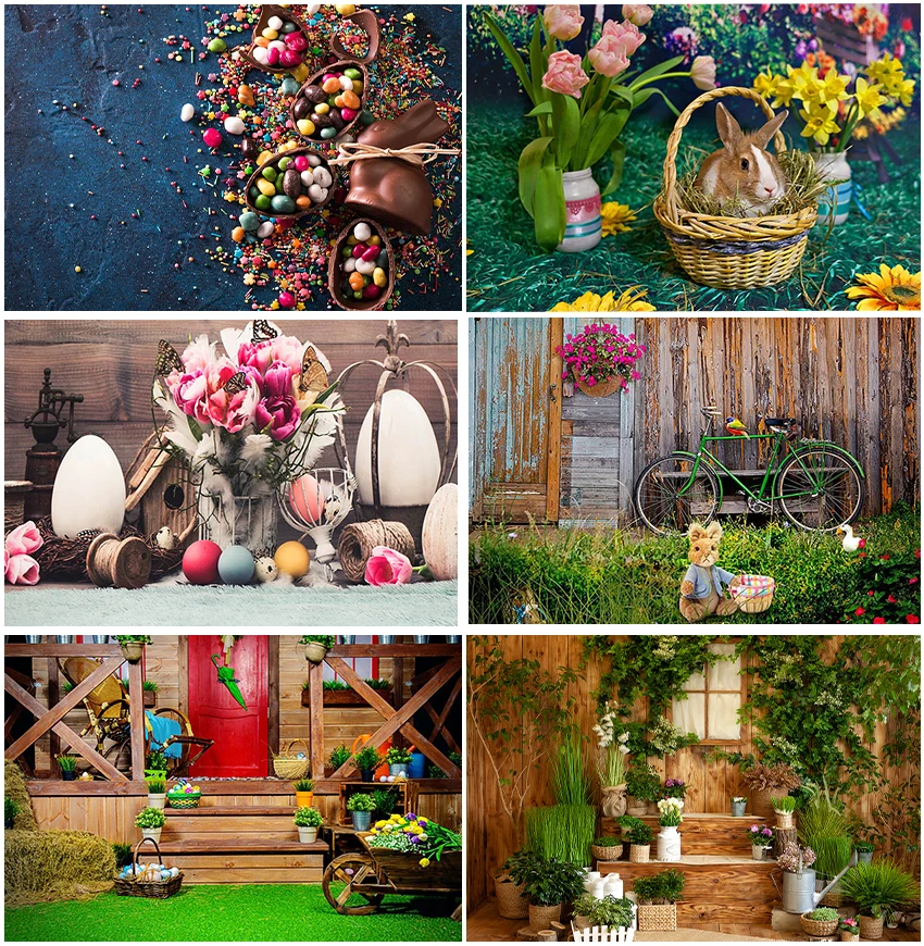 

Easter Plenty Of Colorful Eggs Garden Floral Backdrops Bunny Rabbit Photographic Wooden House Baby Portrait Backgrounds Decor